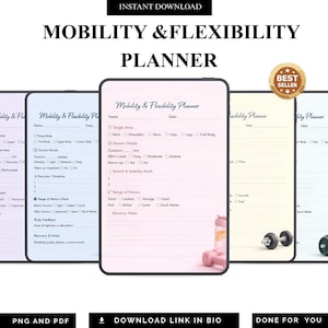 Puede incluir: Un planificador digital titulado "Mobility & Flexibility Planner" con una portada rosa, con secciones para los detalles de la sesión y el rango de movimiento. La imagen incluye una insignia de "Más vendido".
