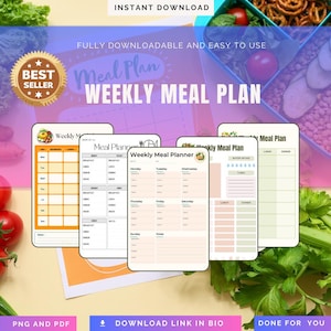 Guía digital de gestión de cocina semanal para descargar en formato PDF imprimible (tamaño A4/Carta). Acceso instantáneo en formato PNG. Nutrition Blueprint Pro.