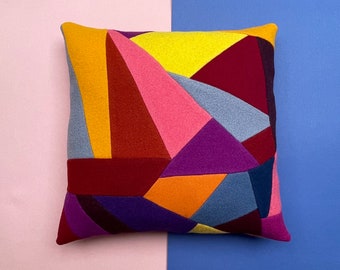 Upcycling Geometric Patchwork Pillow Cover,Throw Cushion,Cushion Cover, Unique Model,Brightly Colored, Made in Paris