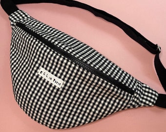 Black and White Check Cotton Canvas Medium banana bag, Made in Paris