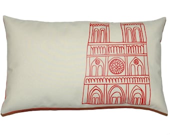 Paris Notre Dame Cathedral Pillow Cover, Poppy Red Applique on Off French White Cotton Canvas - More Sizes Avalaible