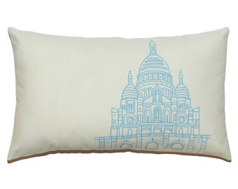 Paris Sacre Coeur Pillow Cover Cushion Cover - Several Sizes Avalaible - Dusk Blue Applique on Off White French Cotton Canvas Fabric