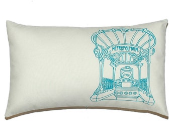 Paris Art Nouveau Entrance Metro "Metropolitan" Pillow Cover, Emerald Applique on Off French White Cotton Canvas - More Sizes Avalaible