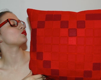 Patchwork Red Heart Decorative Pillow Cover - Pixel Red Heart Cushion Cover