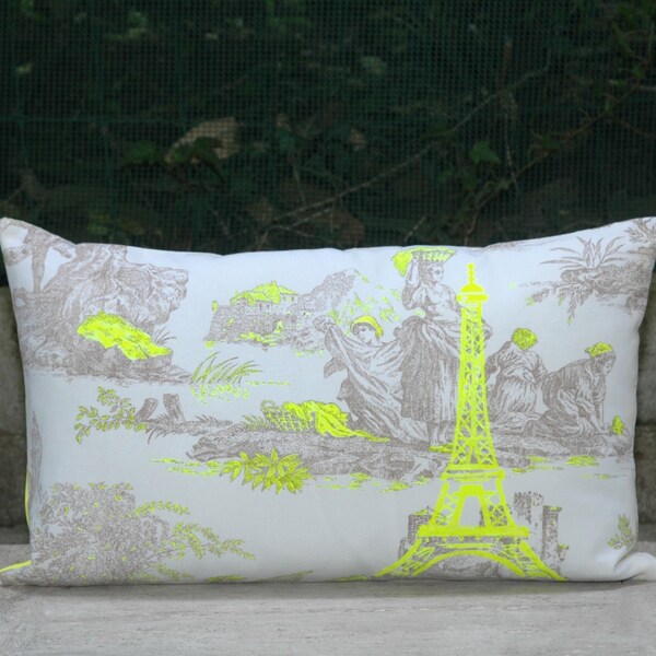 Neon Yellow Paris Eiffel Tower Printed on French Toile de Jouy Pillow Cover