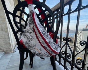 Toile de Jouy Cotton Canvas Black White and Red  Large Banana Bag, Made in Paris