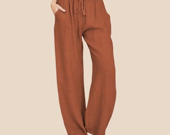 Pantalones anchos de lino para mujer, estilo boho, holgados, de verano, pantalones palazzo informales para estar en casa.