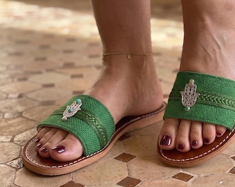 Handmade Moroccan Leather Slide Sandals, Green Raffia Hamsa Charm, Boho Flat Shoes