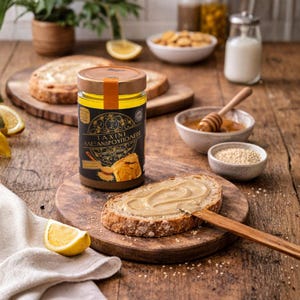Op de afbeelding: Een glazen pot Taxini Alexandroupoleos sesampasta met een bruin deksel en zwart etiket, voorzien van gouden decoratieve tekst en afbeeldingen. Een besmeerde snee brood ligt op een houten plank met een houten smeermes ernaast.