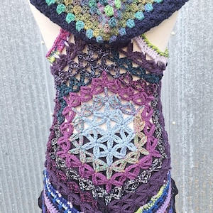 Flower of Life Hooded Vest – Boho Crochet Vest, Festival Outfit, Hippie Clothing, Oversized Hooded Cardigan, Handmade Layering Piece