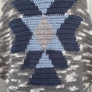 Blue & Gray Navajo-Inspired Blanket Shrug – Handmade Crochet Boho Cardigan
