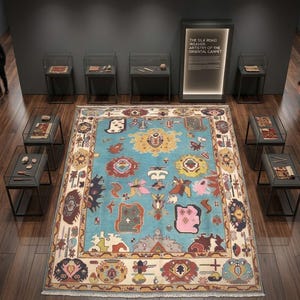 May include: An overhead view of an exhibit featuring a large, ornate, turquoise rug with a complex pattern of colorful shapes and designs. Glass display cases surround the rug, and a sign reads "The Silk Road Weaver: Artistry of the Oriental Carpet."