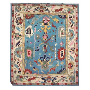 Tappeto Oushak blu annodato a mano: tappeto orientale in lana con nodo turco dai colori tenui