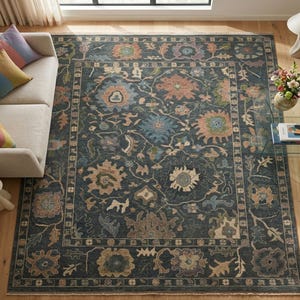 Tapis Oushak en laine, noué à la main, tons ocrés, tapis oriental turc