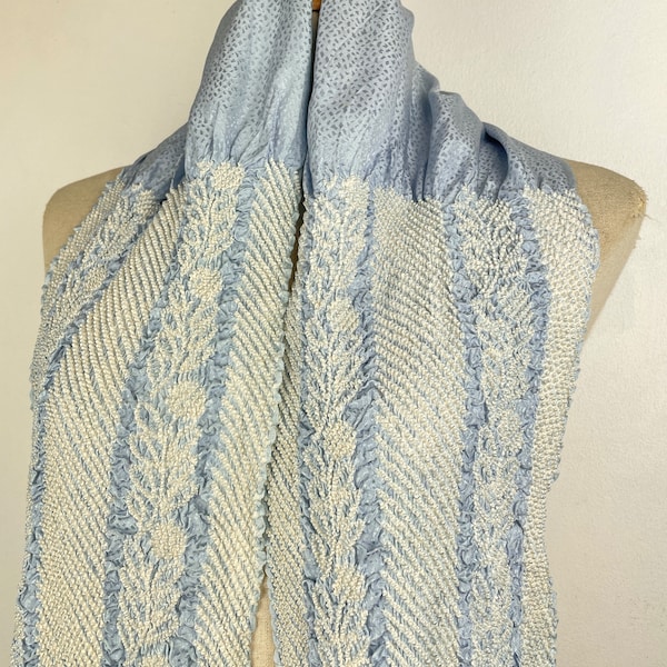 Vintage Japanese Retro|Silk Shibori Hand Tie-Dye Scarf|Obiage Obi Sash Belt|Baby Blue