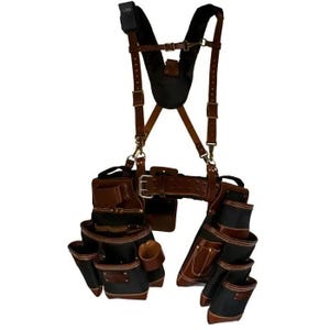 May include: A brown and black leather tool belt with multiple pockets and pouches. The tool belt has a padded shoulder harness and a sturdy belt with a buckle. The tool belt is designed for construction or carpentry work.