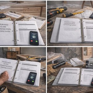 May include: A binder with the text "INSURANCE CLAIM COMMUNICATION & TRACKING SYSTEM" sits open on a wooden surface. A smartphone with a call screen is next to the binder. Tools, money, and a hard hat are scattered around the binder.