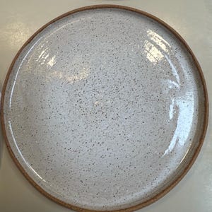 May include: A speckled white ceramic plate with a brown rim. The plate has a slightly irregular shape and a glossy finish. The surface is covered in small, dark brown speckles. This plate is suitable for serving food.