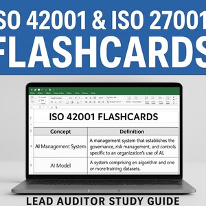 Op de afbeelding: Een laptop toont "ISO 42001 & ISO 27001 FLASHCARDS" met "ISO 42001 FLASHCARDS" en een tabel met concepten en definities van AI Management System en AI Model. De tekst "LEAD AUDITOR STUDY GUIDE" staat onderaan.