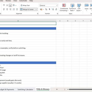 May include: A screenshot of a Microsoft Excel spreadsheet labelled "FAQs & Glossary." The spreadsheet details frequently asked questions and key glossary terms concerning energy bills and suppliers, displayed in a grid format.