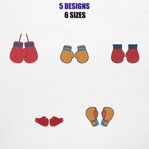 May include: An image showcasing five different designs of boxing gloves in various colors, including red and tan. Each design features a pair of gloves, with some designs having blue accents. The text "5 DESIGNS 6 SIZES" is displayed at the top.