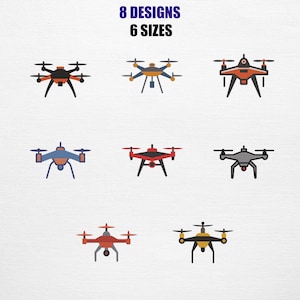 May include: An image displays eight drone designs in various colors, including orange, blue, red, and gray. The text at the top reads "8 DESIGNS" and "6 SIZES". The drones have four propellers and a central body.
