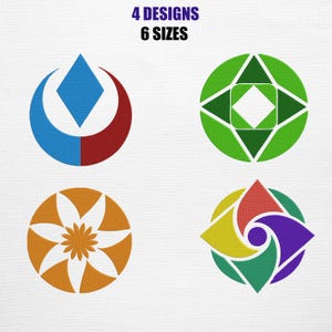 May include: Four colourful geometric designs are shown, each with a unique shape and colour scheme. The designs include a blue diamond within a crescent, a green and white geometric pattern, an orange flower-like shape, and a multi-coloured spiral. Text at the top reads "4 DESIGNS 6 SIZES."