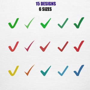 May include: A collection of colorful checkmark designs in green, red, yellow, and blue. The image displays 15 designs and 6 sizes. The checkmarks are arranged in three rows, each with five checkmarks of varying shades.