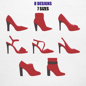 Puede incluir: Una colección de ocho diseños de zapatos de tacón alto rojos, incluyendo stilettos, botines y sandalias. Cada zapato tiene un tacón negro. El texto en la parte superior dice "8 DESIGNS 7 SIZES".