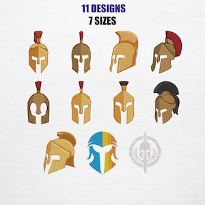 May include: A collection of 11 Spartan helmet designs in 7 sizes, featuring various gold-toned helmets with red or black crests, one blue and orange split-color helmet, and one light gray circular emblem with a central sword and helmet motif.