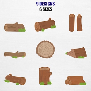 May include: An illustration featuring nine designs of brown logs in various shapes and sizes, with green grass accents. The text "9 DESIGNS 6 SIZES" is displayed at the top of the image.