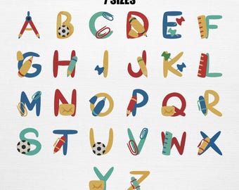 Lot de motifs de broderie sur le thème de l'école - Ensemble de broderie alphabets (26 motifs 7 tailles)