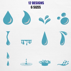 May include: A collection of twelve blue water drop designs in various shapes and sizes. Each design features a white highlight, with the text "12 DESIGNS 6 SIZES" at the top. The designs include droplets, splashes, and ripples.