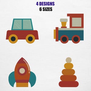 May include: An image featuring four colorful toy designs: a car, a train, a rocket, and a stacking ring toy. The car and train are red, blue, and yellow. The rocket is orange and teal. The stacking toy is orange and yellow. Text at the top reads "4 DESIGNS 6 SIZES."