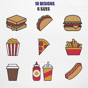 May include: A selection of illustrated fast food icons, including a sandwich, taco, burger, popcorn, pizza slice, fries, coffee cup, ketchup, soda, and hot dog. The image includes the text "10 DESIGNS 6 SIZES".