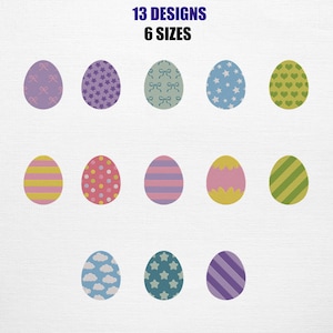 May include: An assortment of Easter egg designs in various colors and patterns, including bows, stars, hearts, stripes, and polka dots. The image includes the text "13 DESIGNS 6 SIZES".