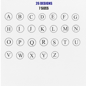 May include: A collection of 26 circular icons arranged in a grid, each containing a single black uppercase letter from A to Z. Each circle features a dotted border. The text 26 DESIGNS and 7 SIZES is printed in black at the top of the image.