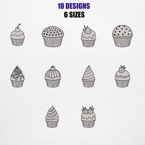 Può includere: Illustrazione di dieci modelli di cupcake con diversi condimenti, in grigio chiaro con contorni neri. Il testo in alto recita "10 DESIGNS 6 SIZES". I cupcake sono presentati in vari stili.