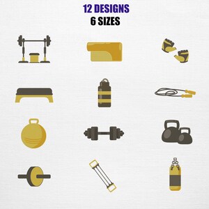 May include: An illustration featuring various fitness equipment icons. Includes a barbell, yoga mat, weightlifting gloves, step bench, water bottle, jump rope, exercise ball, dumbbell, kettlebells, ab roller, resistance band, and a punching bag. Text reads "12 DESIGNS 6 SIZES".