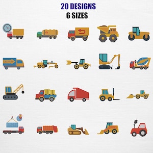 May include: A collection of 20 colorful, cartoon-style construction vehicles and trucks, including a dump truck, excavator, and cement mixer. The image also includes the text "20 DESIGNS 6 SIZES" in blue and black.