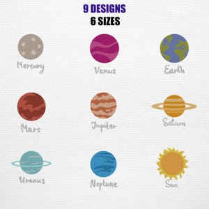 May include: Nine planet designs are displayed, each a colorful illustration of a planet in our solar system. The planets include Mercury, Venus, Earth, Mars, Jupiter, Saturn, Uranus, Neptune, and the Sun. The text "9 DESIGNS 6 SIZES" is at the top.