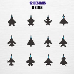 May include: A collection of twelve black jet plane designs with blue accents, arranged in rows and columns. The text "12 DESIGNS 6 SIZES" is displayed at the top. The image features various aircraft silhouettes.