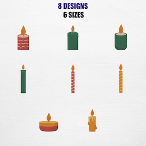 May include: An image featuring eight candle designs in various shapes and colors, including red, green, and yellow. The text at the top reads "8 DESIGNS 6 SIZES". The candles have lit flames and are set against a white background.