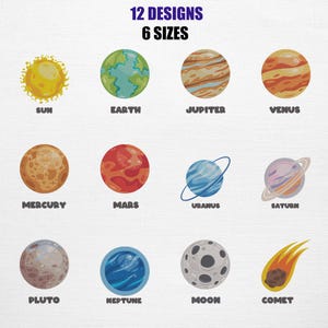 Solar System Embroidery Bundle - Colorful Planets Pattern (12 Designs 6 Sizes)
