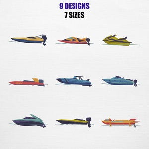 May include: Nine boat designs in various colors, including yellow, red, and blue, are displayed. The image includes the text "9 DESIGNS 7 SIZES" at the top. Each boat has a unique design, with some featuring outboard motors.