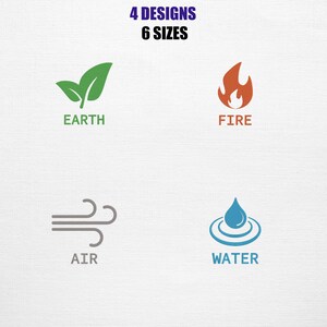 May include: A graphic featuring four elemental designs: Earth (green leaves), Fire (orange flame), Air (gray lines), and Water (blue droplet). Text at the top reads "4 DESIGNS 6 SIZES". Each element is labeled with its name in a corresponding color.