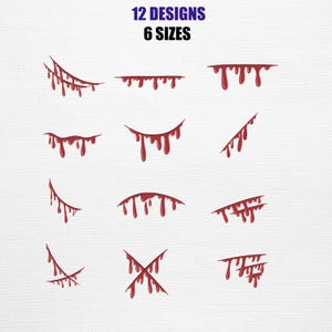 May include: A white background features twelve red, stylized designs resembling dripping blood, with varying shapes and arrangements. The text "12 DESIGNS 6 SIZES" is displayed in blue at the top of the image.