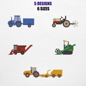May include: An image showing five different designs of farm vehicles, including tractors and harvesters, in various colours such as blue, red, green, and yellow. The text at the top reads "5 DESIGNS 6 SIZES".