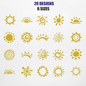 Puede incluir: Una colección de 20 diseños de sol dorados en varios estilos, dispuestos sobre un fondo blanco. El texto "20 DESIGNS 6 SIZES" se muestra en azul y negro en la parte superior. Las ilustraciones de sol varían en forma y detalle.