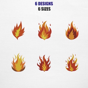 May include: Six different stylized flame designs in shades of red, orange, and yellow are displayed on a white background. The text "6 DESIGNS 6 SIZES" is at the top. Each flame has a unique shape, with varying levels of detail.